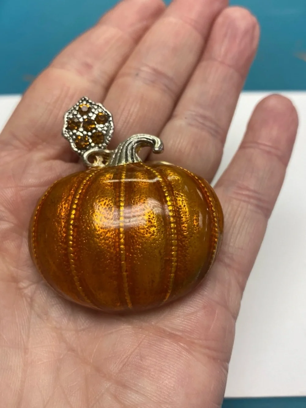 Decorative Orange Pumpkin brooch with Silver Stem